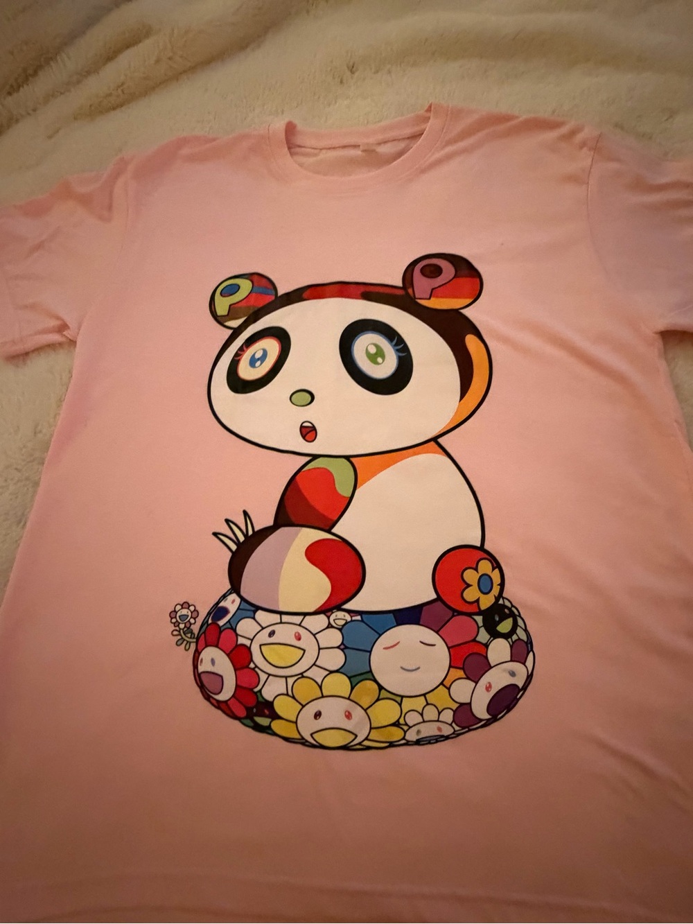 Pink Short Sleeve Tee with Colorful Panda Graphic